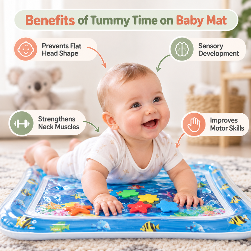 A baby lying on an inflatable tummy-time mat in a bright indoor room, with callout labels pointing to benefits such as preventing flat head shape, sensory development, strengthening neck muscles, and improving motor skills.