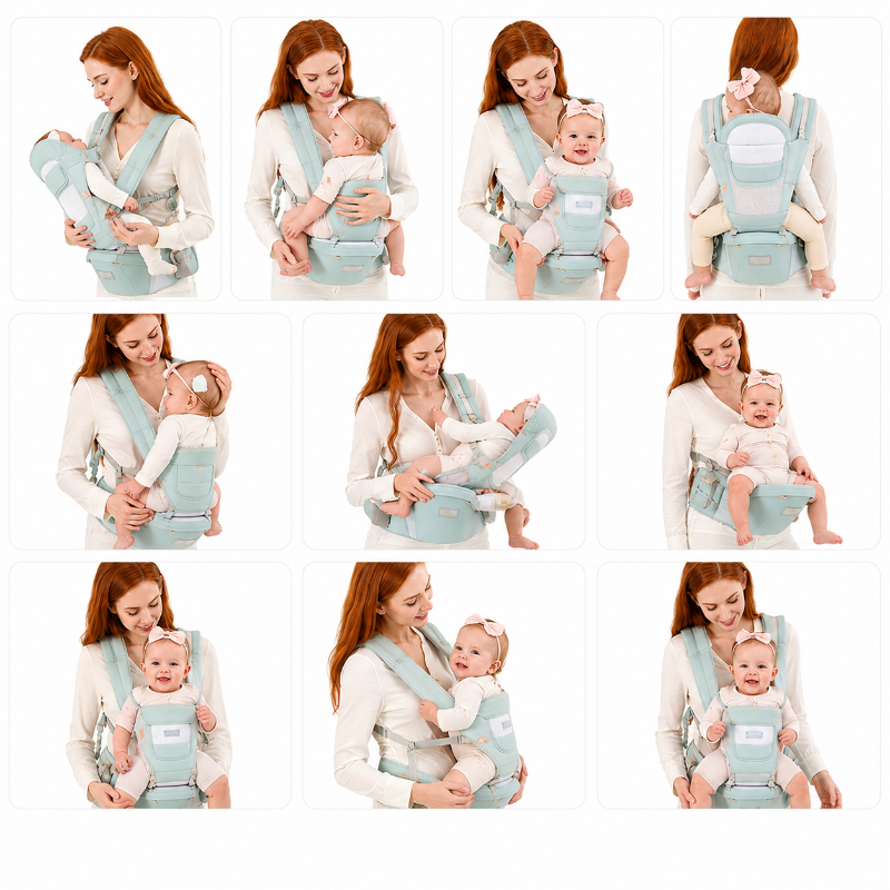 A 3x3 collage showing a woman wearing and demonstrating a light blue and white baby carrier with babies inside, set against a white background with thin gray dividing lines.