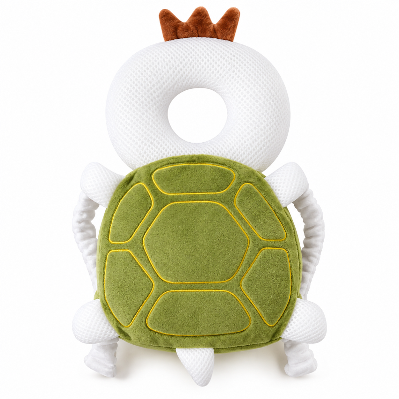 A plush turtle baby teether or toy with a white textured body, green stitched shell, and small brown horn accents on top, shown on a plain white background.