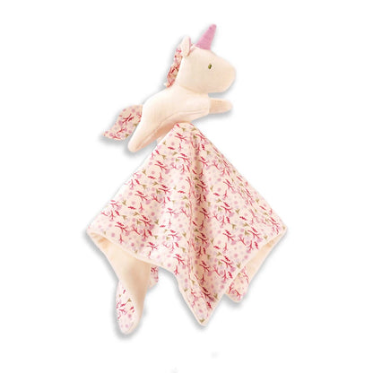 Unicorn-shaped plush toy with a floral dress on a white background