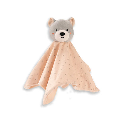 Plush toy with a bear face and peach-colored blanket on a white background