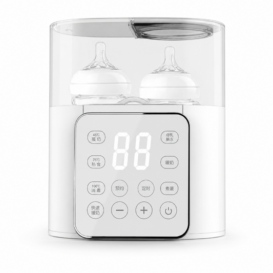 A white and clear baby bottle sterilizer and warmer with a digital control panel, shown with two baby bottles inside on a clean white background.