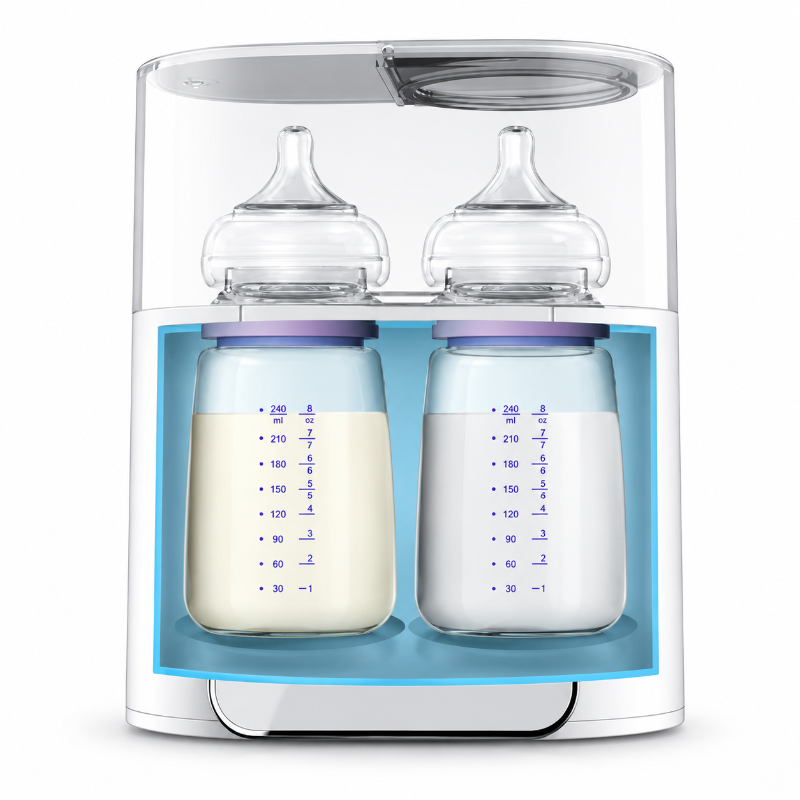 A dual-bottle baby bottle warmer and sterilizer in white and clear plastic, shown with two baby bottles inside. The bottles have clear silicone caps with purple bands and are filled with white milk up to the blue measurement markings.