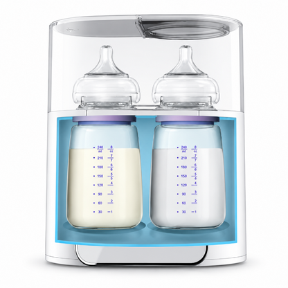 A dual-bottle baby bottle warmer and sterilizer in white and clear plastic, shown with two baby bottles inside. The bottles have clear silicone caps with purple bands and are filled with white milk up to the blue measurement markings.