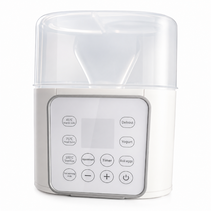 A white and clear plastic electric milk warmer and sterilizer with a digital control panel featuring buttons for yogurt, milk wash, heat settings, timer, defrost, and boil eggs, shown on a white background.