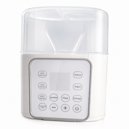 A white and clear plastic electric milk warmer and sterilizer with a digital control panel featuring buttons for yogurt, milk wash, heat settings, timer, defrost, and boil eggs, shown on a white background.