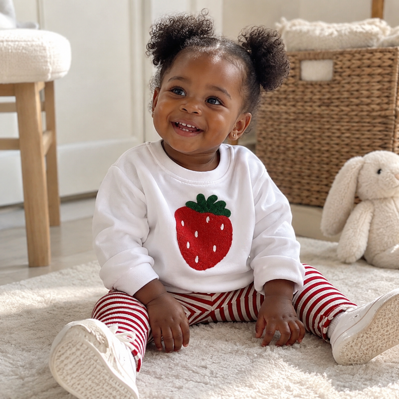 A toddler girl sitting on a white rug wearing a white long-sleeve sweatshirt with a red strawberry applique, red and white striped leggings, and white sneakers in a bright room.
