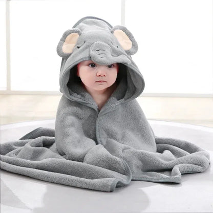 A collection of soft hooded baby towels in blue, gray, white, and pink colors, each with a cute animal face pattern.