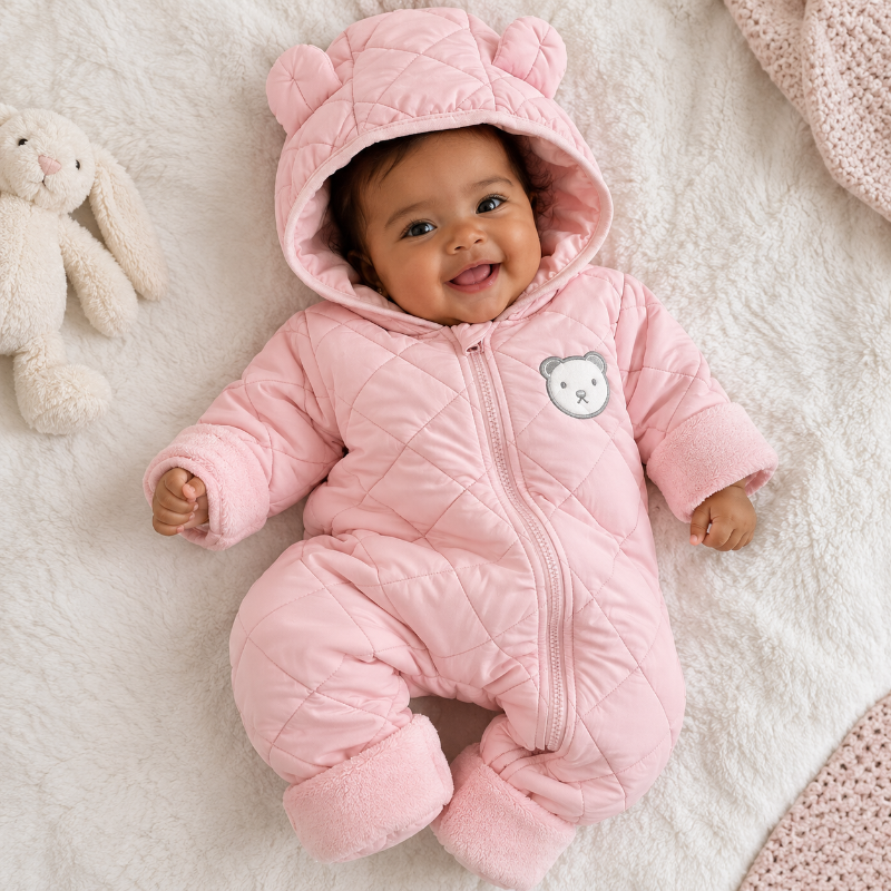A baby lying on a soft white blanket wearing a pink quilted hooded snowsuit with bear ears on the hood and a small bear face patch on the chest.