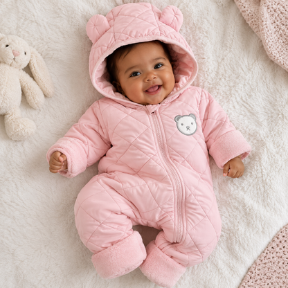 A baby lying on a soft white blanket wearing a pink quilted hooded snowsuit with bear ears on the hood and a small bear face patch on the chest.