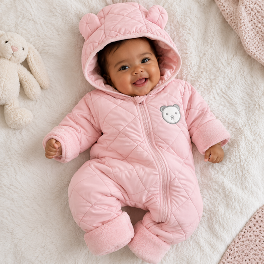 A baby lying on a soft white blanket wearing a pink quilted hooded snowsuit with bear ears on the hood and a small bear face patch on the chest.