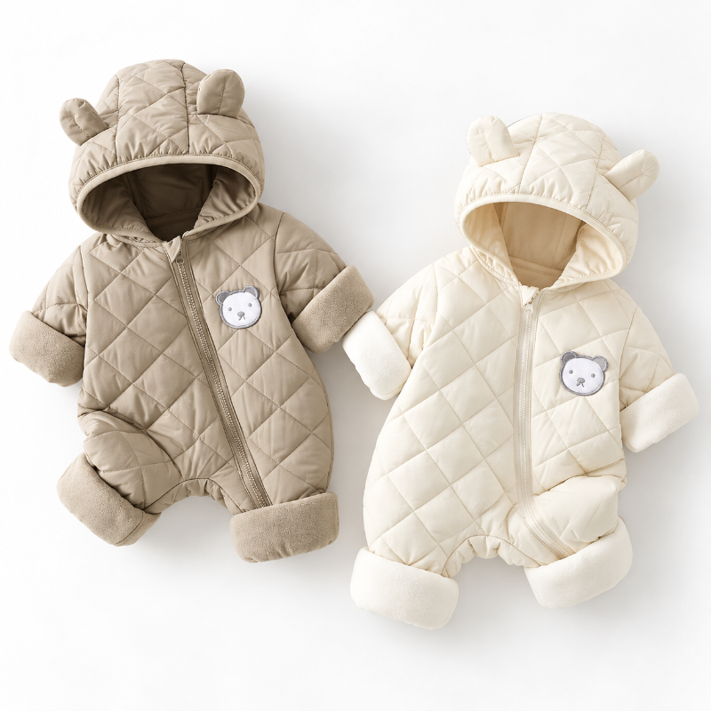 Two quilted baby hooded snowsuit jumpsuits on a plain light background. One is taupe-beige and the other is cream, both with bear-ear hood details, a front zipper, and a small bear face patch on the chest.