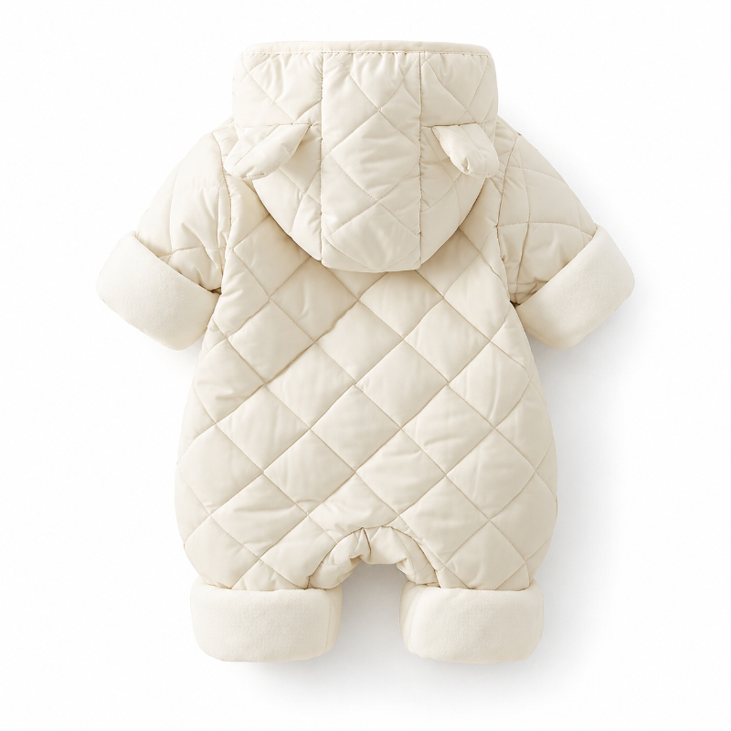 A cream-colored quilted baby snowsuit shown from the back, featuring a hood with ear-like details, long sleeves, and leg warmers, photographed on a clean white background.