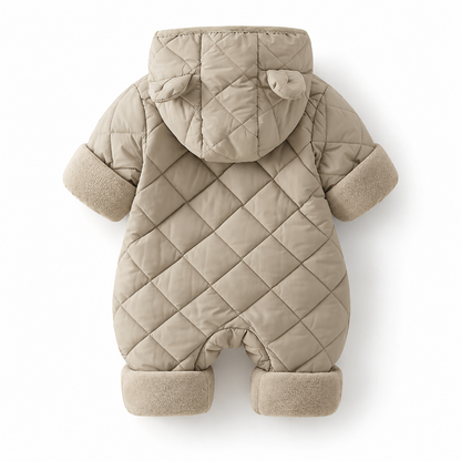 A beige quilted baby snowsuit with a hood featuring bear ears, long sleeves with ribbed cuffs, and leg cuffs, shown from the back on a white background.