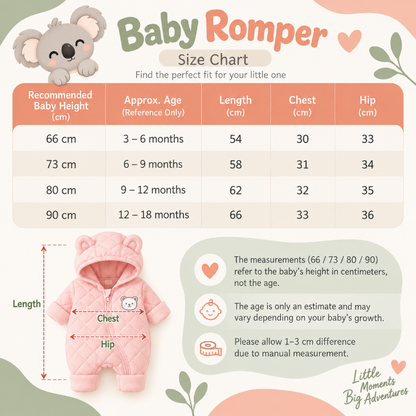 Baby Romper size chart infographic with a pink quilted hooded jumpsuit shown, alongside a table of recommended baby heights, ages, and measurements in centimeters. The design features a cute koala illustration and soft pastel colors.