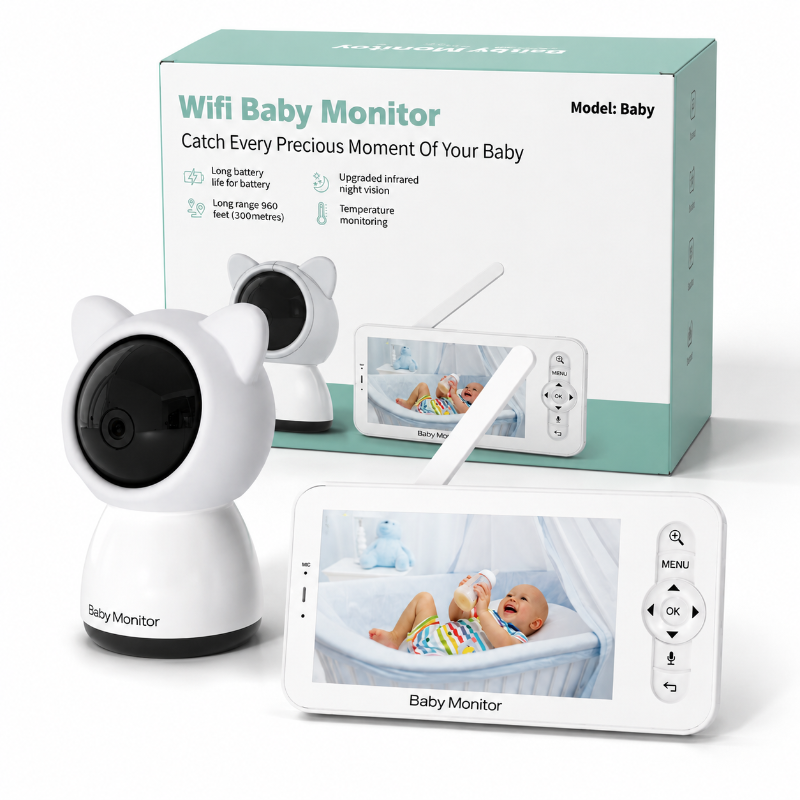 A white and mint green WiFi baby monitor set including a camera, a handheld monitor screen, and its retail packaging box, displayed on a clean white background.