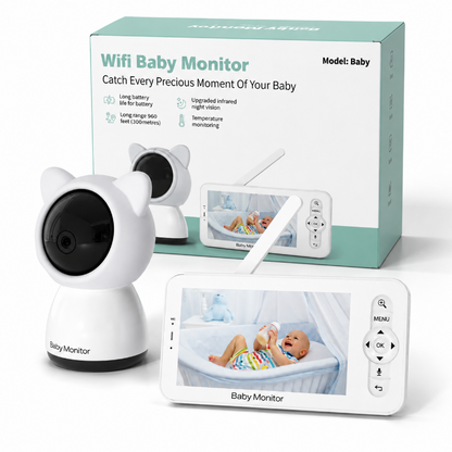 A white and mint green WiFi baby monitor set including a camera, a handheld monitor screen, and its retail packaging box, displayed on a clean white background.
