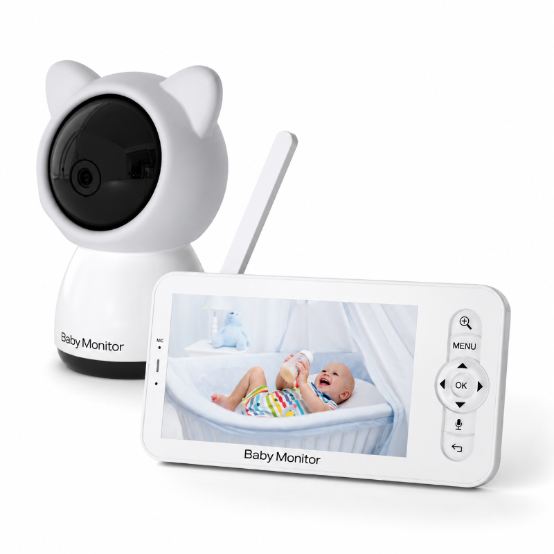 White wireless baby monitor set with a camera head and a handheld display screen showing a baby in a bassinet, on a clean white background.