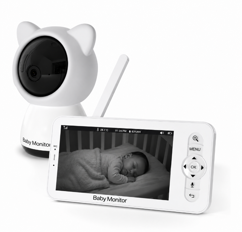 White baby monitor camera set with a handheld pan-tilt zoom camera and a connected display screen showing a baby photo, on a clean white background.