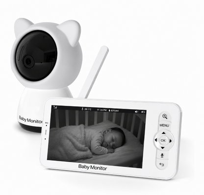 White baby monitor camera set with a handheld pan-tilt zoom camera and a connected display screen showing a baby photo, on a clean white background.