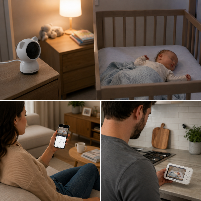 A four-panel collage showing a smart baby monitor and camera in use: one panel shows the device on a bedside table, one shows a sleeping baby in a crib, one shows a woman holding a phone with the app, and one shows a man holding the camera on a kitchen counter.