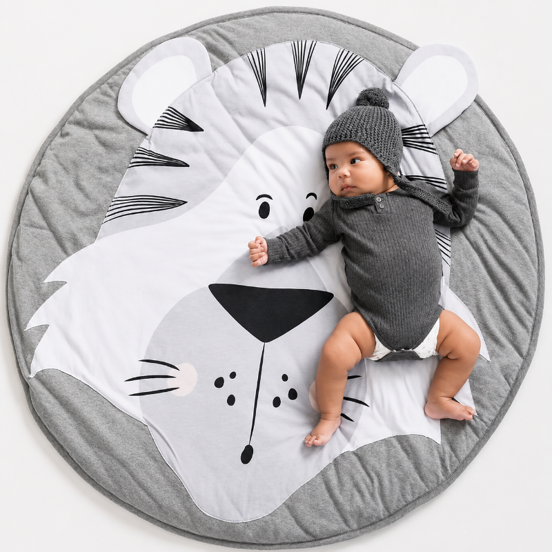 A baby wearing a gray knit bonnet and matching long-sleeve bodysuit lies on a round gray play mat shaped like a white tiger face, photographed from above on a light neutral background