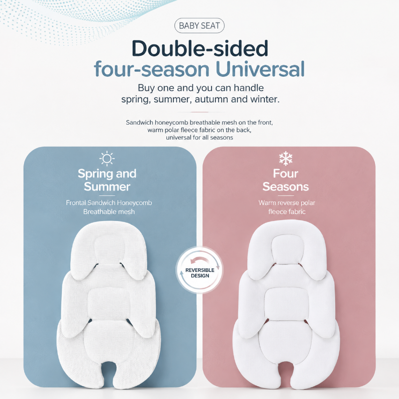 Double-sided reversible baby seat shown in two color options: a light blue version labeled 'Spring and Summer' with front sandwich honeycomb breathable mesh, and a dusty pink version labeled 'Four Seasons' with warm reverse polar fleece fabric. The image includes marketing text at the top and a small circular badge indicating 'Reversible Design'.