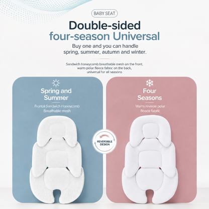 Double-sided reversible baby seat shown in two color options: a light blue version labeled 'Spring and Summer' with front sandwich honeycomb breathable mesh, and a dusty pink version labeled 'Four Seasons' with warm reverse polar fleece fabric. The image includes marketing text at the top and a small circular badge indicating 'Reversible Design'.