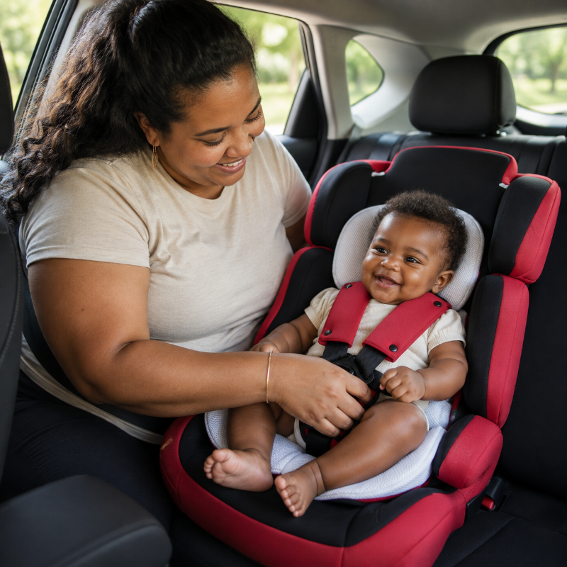 A baby sitting in a red and black car seat in a car, with a woman adjusting the harness. The baby is wearing a white outfit, and the car interior is visible in the background.