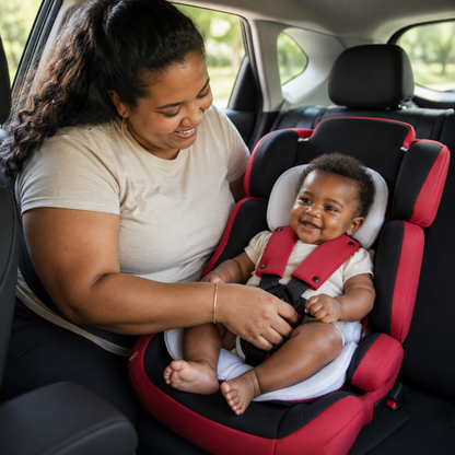 A baby sitting in a red and black car seat in a car, with a woman adjusting the harness. The baby is wearing a white outfit, and the car interior is visible in the background.