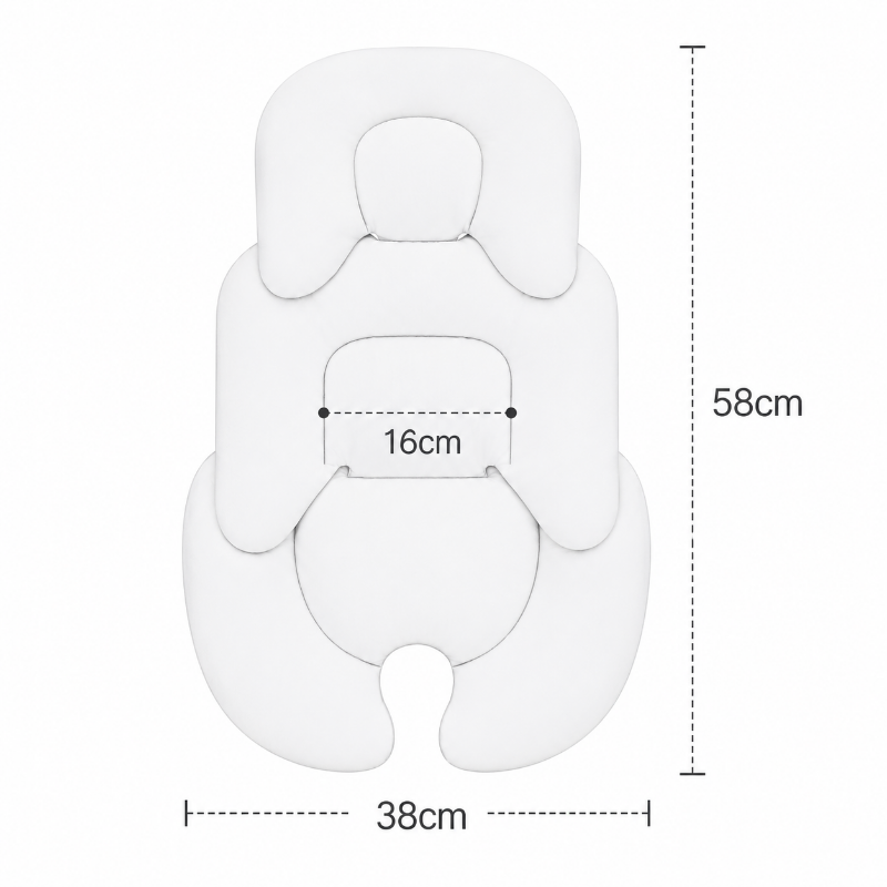 A white ergonomic support cushion or pillow shown from above with overlaid dimension lines and measurements: 58 cm height, 38 cm width, and 16 cm central opening width.