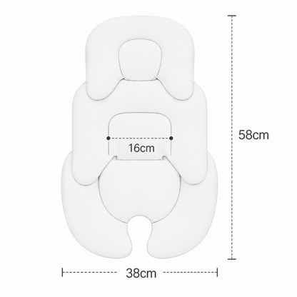 A white ergonomic support cushion or pillow shown from above with overlaid dimension lines and measurements: 58 cm height, 38 cm width, and 16 cm central opening width.