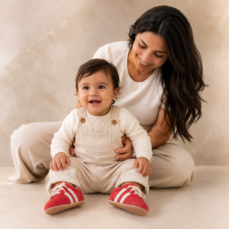 A smiling baby wearing cream-colored overalls and red-and-white shoes sits on the floor while a woman in a white top and beige pants kneels behind them against a warm beige studio backdrop.