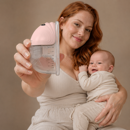 A woman holding a baby while showing a clear breast pump bottle with a light pink top. The woman is wearing a beige ribbed top and pants, and the baby is dressed in a matching beige outfit.
