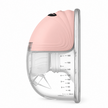 A breast pump bottle with a light pink silicone top and a clear plastic body showing measurement markings, set against a plain white background.