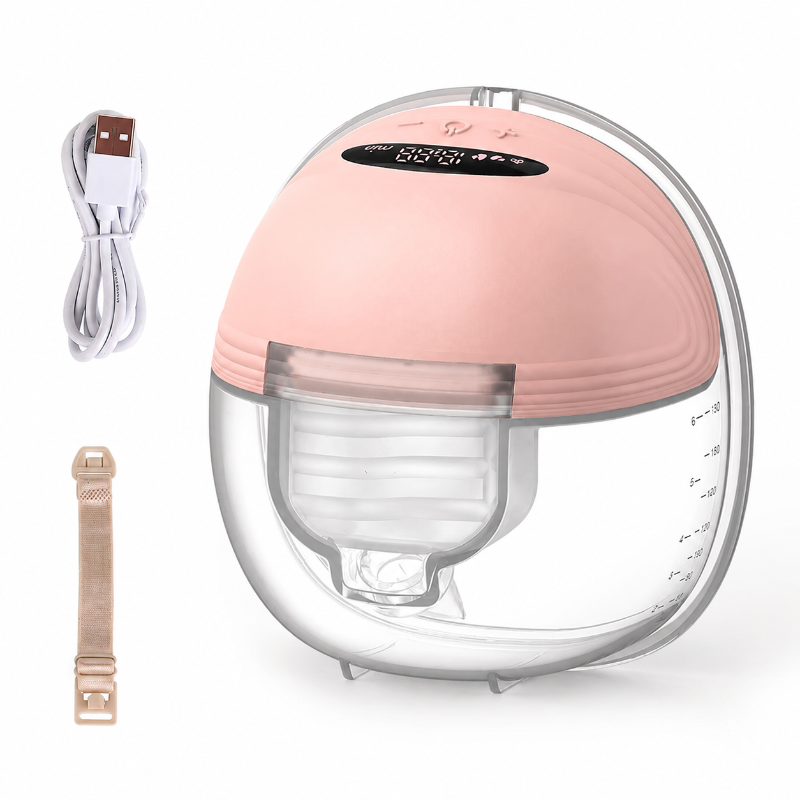 A Breast-Pump  a pink top dome, clear plastic body, and digital display, shown with a white USB charging cable and a beige fabric strap on a white background.