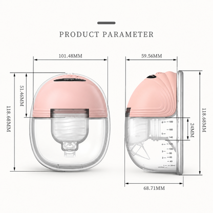 Product dimension diagram showing a breast pump bottle from front and side views with labeled measurements and the text 'PRODUCT PARAMETER' on a light gray background.