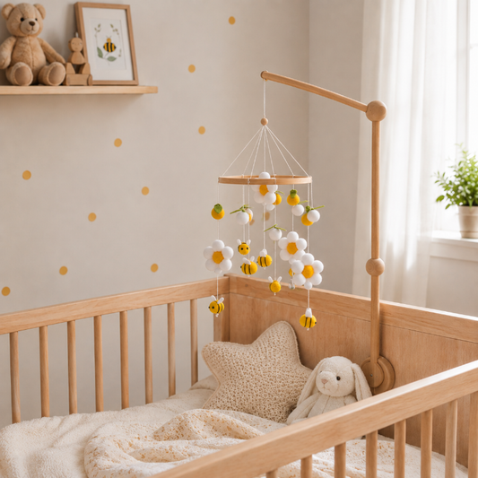 A wooden baby crib with a mobile hanging above the mattress. The mobile features white daisy-shaped beads with yellow centers, yellow-and-white bumblebees, and small green leaves, suspended by white strings from a light natural wood arched frame.