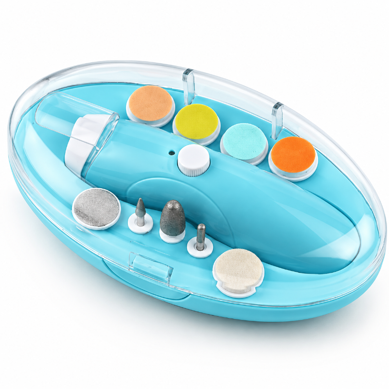 A blue electric nail drill kit in a clear oval plastic case, shown on a white background. The kit includes multiple interchangeable drill bits and several colorful circular attachment pads in orange, yellow, light blue, and dark blue.