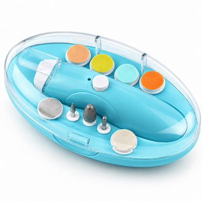 A blue electric nail drill kit in a clear oval plastic case, shown on a white background. The kit includes multiple interchangeable drill bits and several colorful circular attachment pads in orange, yellow, light blue, and dark blue.