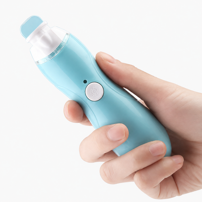 A hand holding a light blue electric nail grinder against a clean white background.
