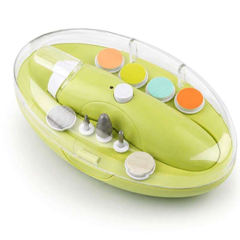 A lime green electric nail drill kit in a clear oval plastic case, shown on a white background. The kit includes a lime green drill bit holder with a white button, several interchangeable drill bits in silver, gray, and beige, and five colorful circular pads in orange, yellow, light blue, and dark orange.