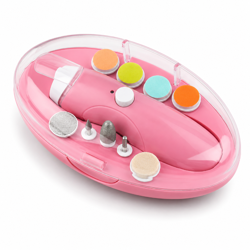 Pink electric nail drill kit with a clear oval case, featuring a pink rotary tool, multiple colorful attachment bits, and metal grinding wheels on a white background.