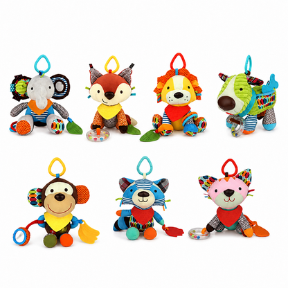 Set of eight colorful baby plush animal toys arranged in two rows on a plain white background. The toys include an elephant, fox, dog, cow, monkey, cat, and rabbit, each with textured fabric bodies, bright hanging loops, and small sensory rings.