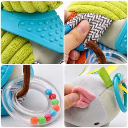 A 2x2 collage showing close-up views of a baby sensory toy: a turquoise textured strap, a hand holding patterned fabric, a clear ring with colorful beads, and a plush animal with a pink fabric mouth and blue ring.