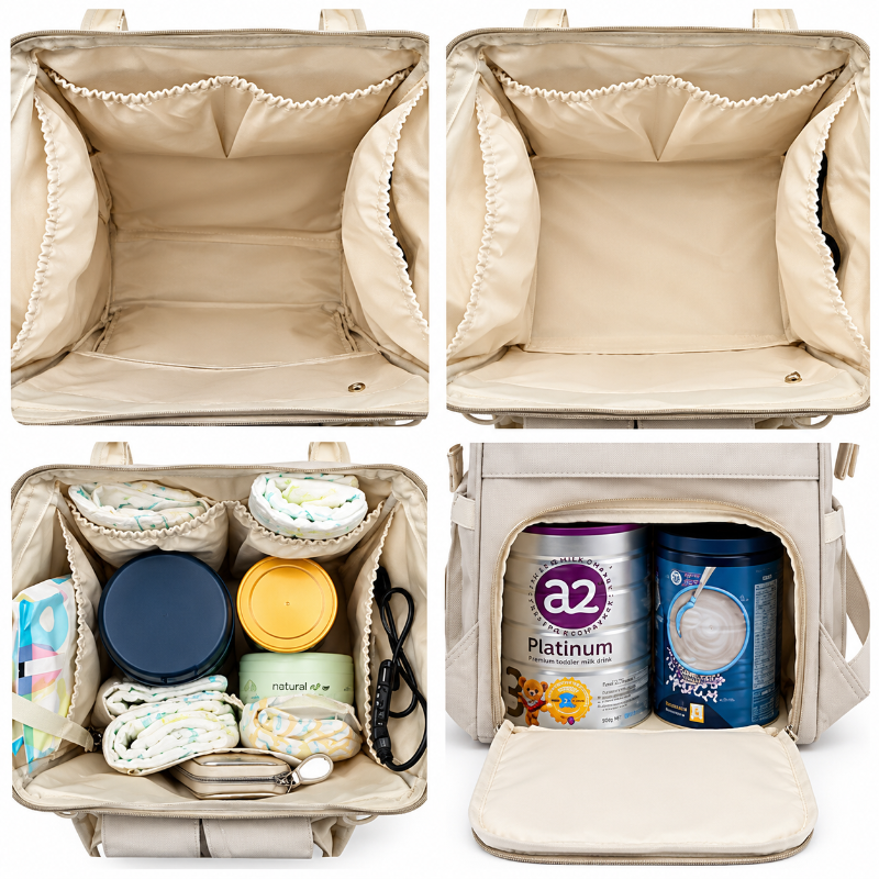 A collage showing the interior of a beige diaper bag from multiple angles. The top two panels show the empty bag with padded compartments and zip pockets.