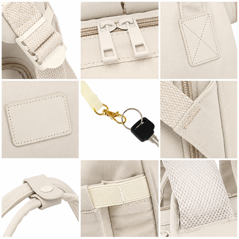 A 3x3 collage showing close-up details of a light beige fabric bag, including zippers, straps, stitching, a hanging loop with a gold clasp and black ring, and mesh webbing.
