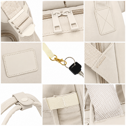 A 3x3 collage showing close-up details of a light beige fabric bag, including zippers, straps, stitching, a hanging loop with a gold clasp and black ring, and mesh webbing.