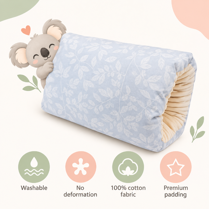 A light blue and white patterned baby support pillow with a soft beige inner lining, shown with a cute cartoon koala on the top left. Below the pillow are four feature icons with text: 'Washable', 'No deformation', '100% cotton fabric', and 'Premium padding'.