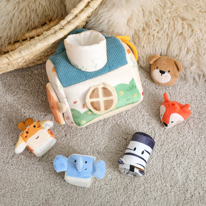 Baby Montessori Toy Plush Barn with Farm Animals Musical Touch Sensory Toys Portable Baby Farmhouse Cognition Toy for Infants